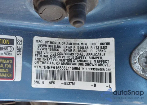 2006 Honda Civic Lx из США, поврежденный, VIN 1HGFA16536L116964